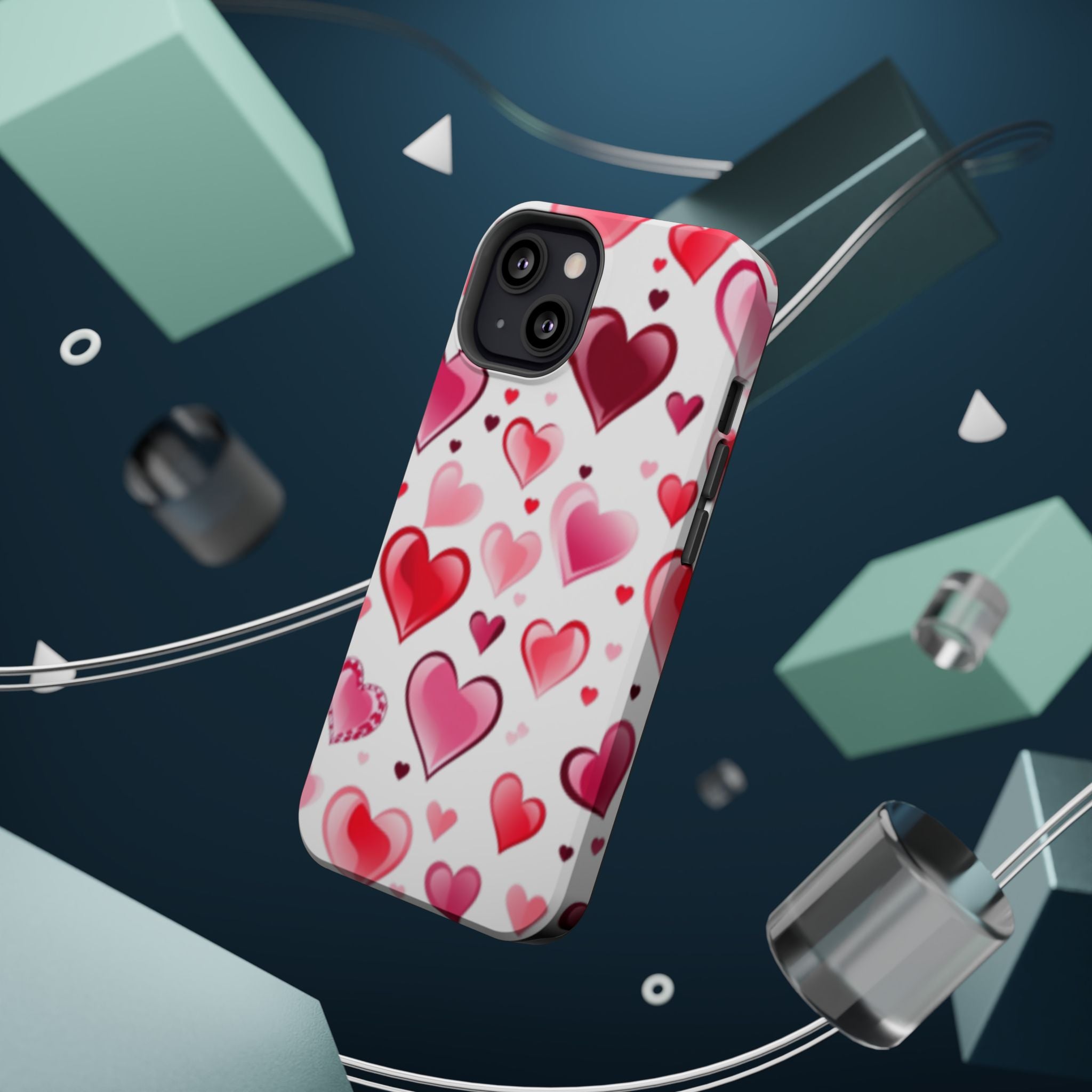 Heart Pattern Magnetic Impact Phone Case Fits iPhone 13-17— Pink & Red Valentine's Protective Cover
