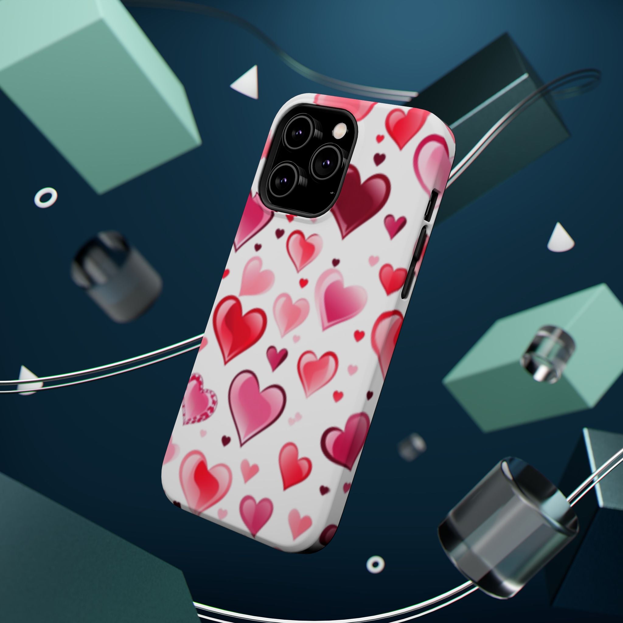 Heart Pattern Magnetic Impact Phone Case Fits iPhone 13-17— Pink & Red Valentine's Protective Cover