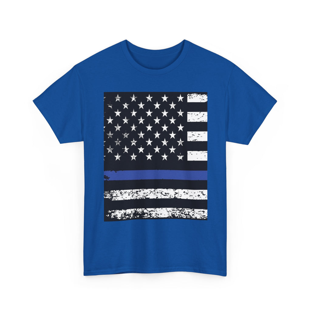 Thin Blue Line Flag T-Shirt — Police Support American Flag Tee Front & Back Imprint