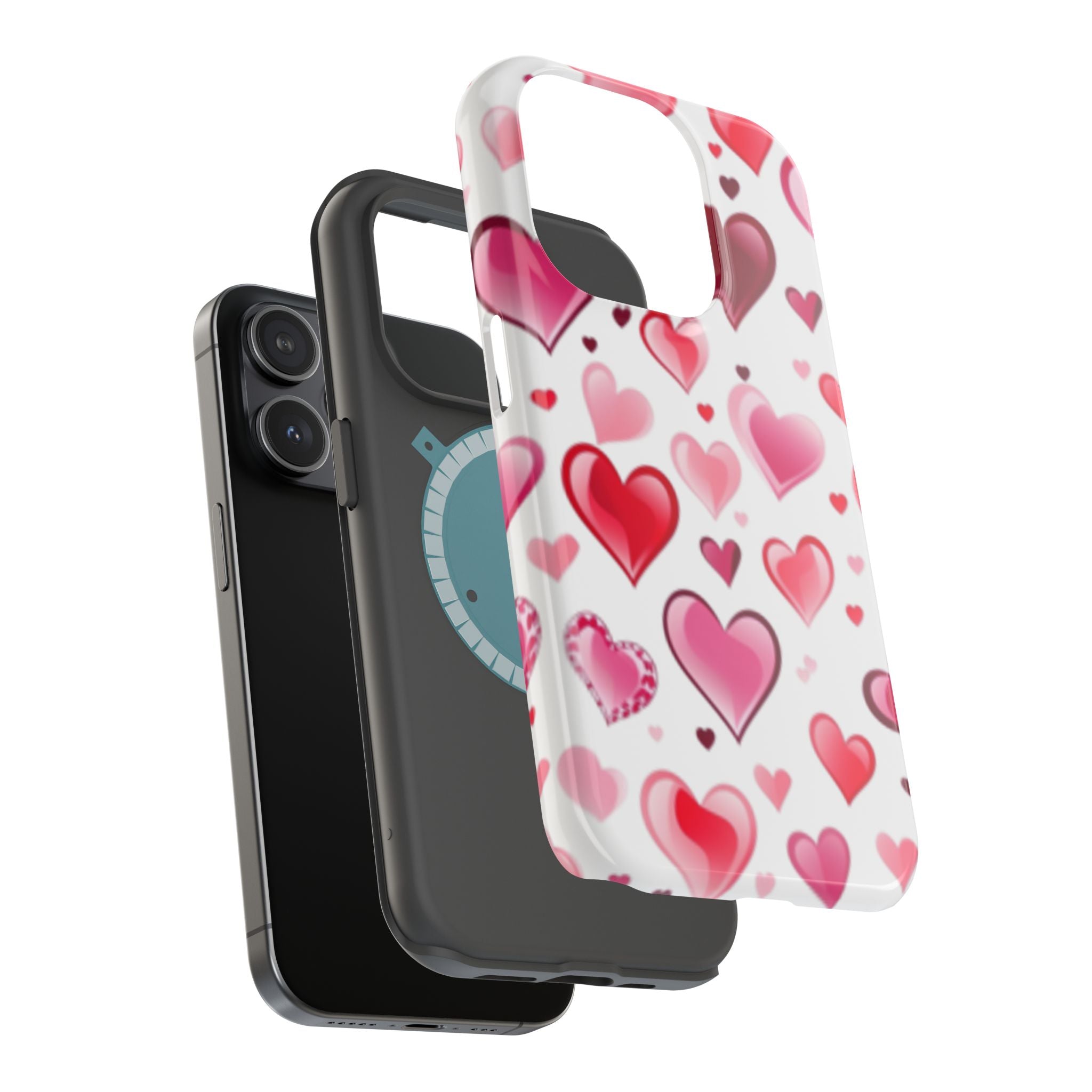 Heart Pattern Magnetic Impact Phone Case Fits iPhone 13-17— Pink & Red Valentine's Protective Cover