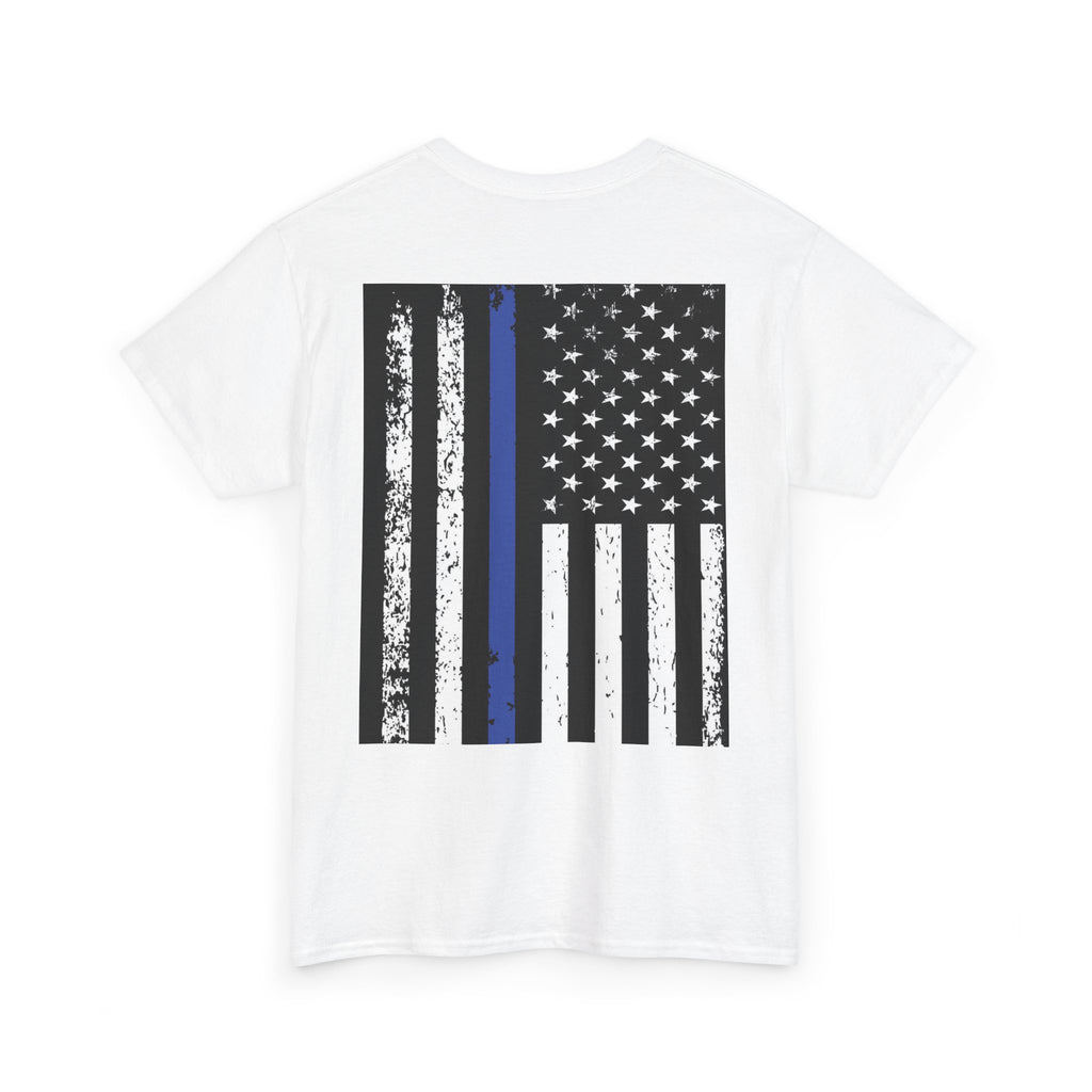 Thin Blue Line Flag T-Shirt — Police Support American Flag Tee Front & Back Imprint