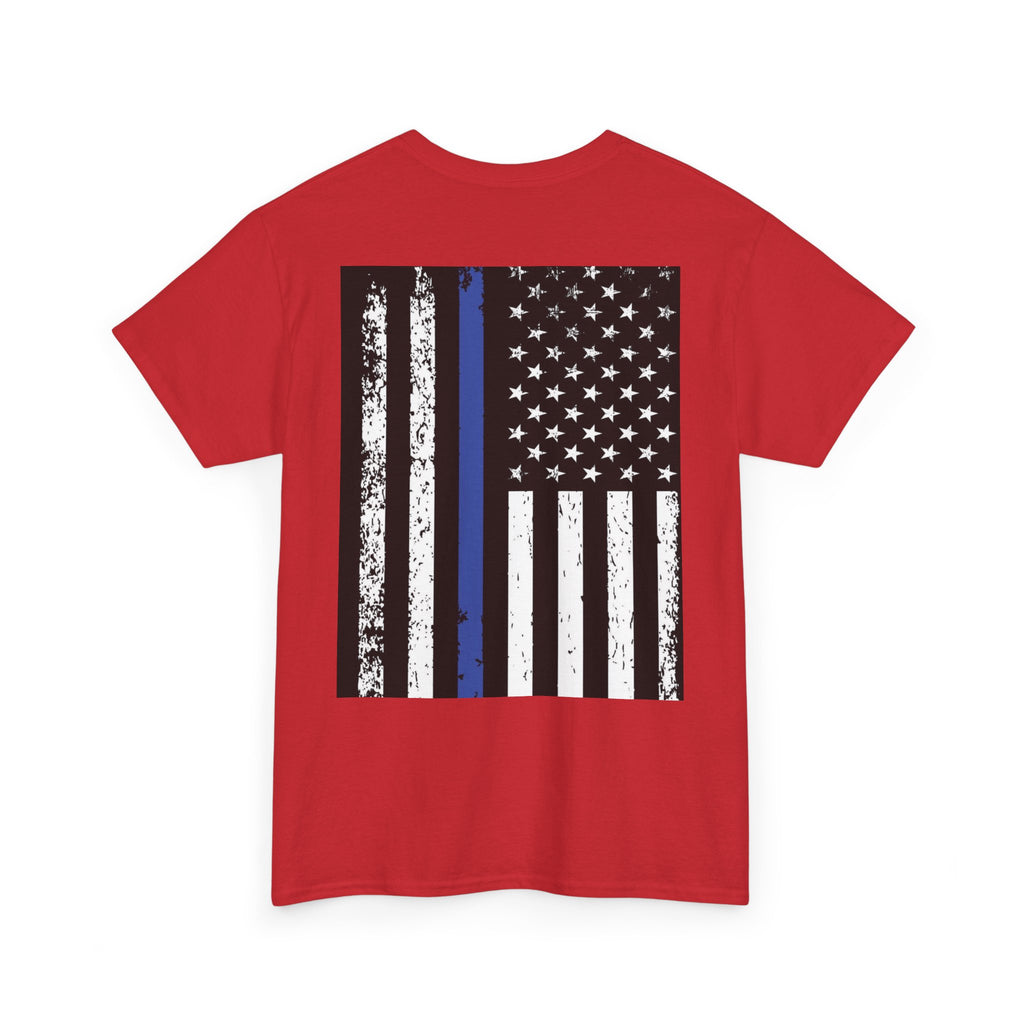 Thin Blue Line Flag T-Shirt — Police Support American Flag Tee Front & Back Imprint