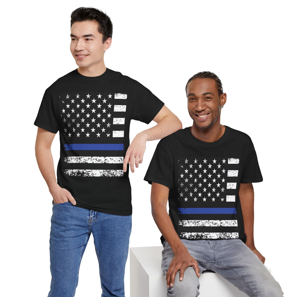 Thin Blue Line Flag T-Shirt — Police Support American Flag Tee Front & Back Imprint