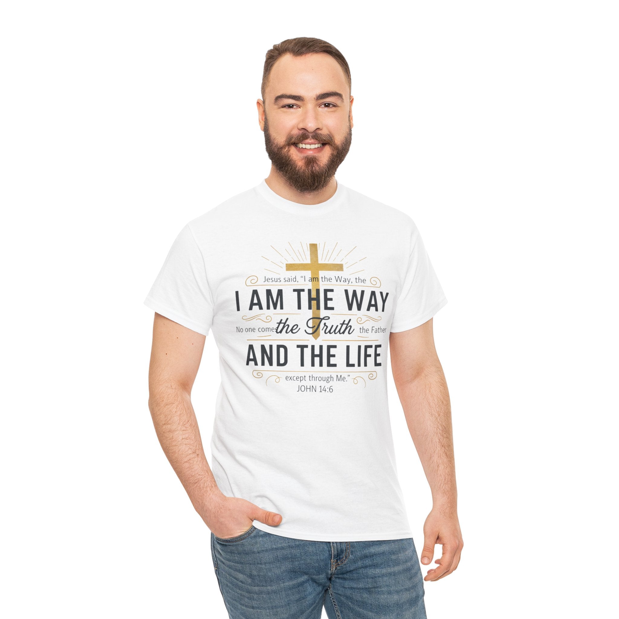 I Am The Way Christian T-Shirt — John 14:6 Faith Tee with Gold Cross