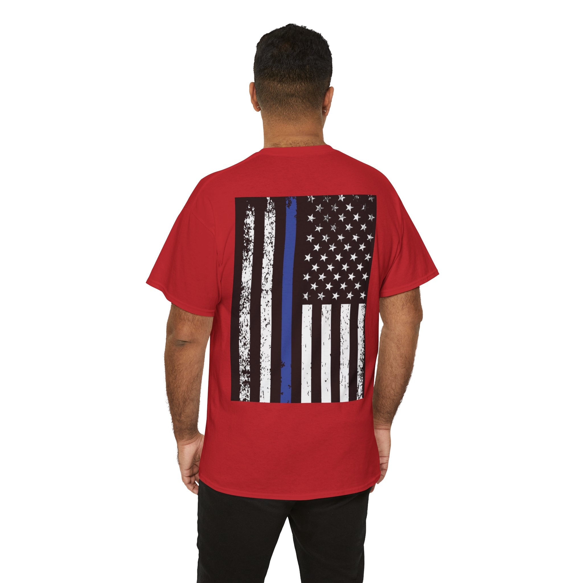Thin Blue Line Flag T-Shirt — Police Support American Flag Tee Front & Back Imprint