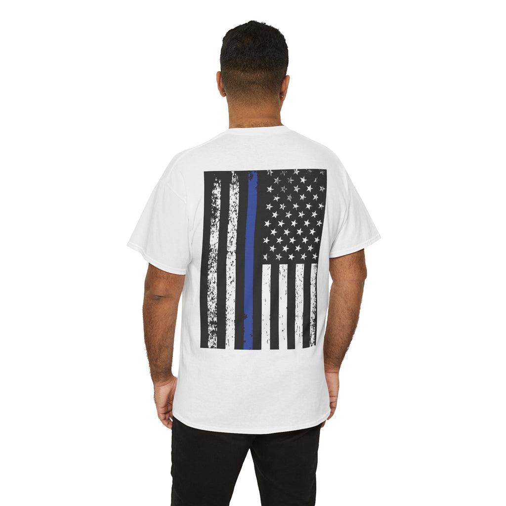 Thin Blue Line Flag T-Shirt — Police Support American Flag Tee Front & Back Imprint