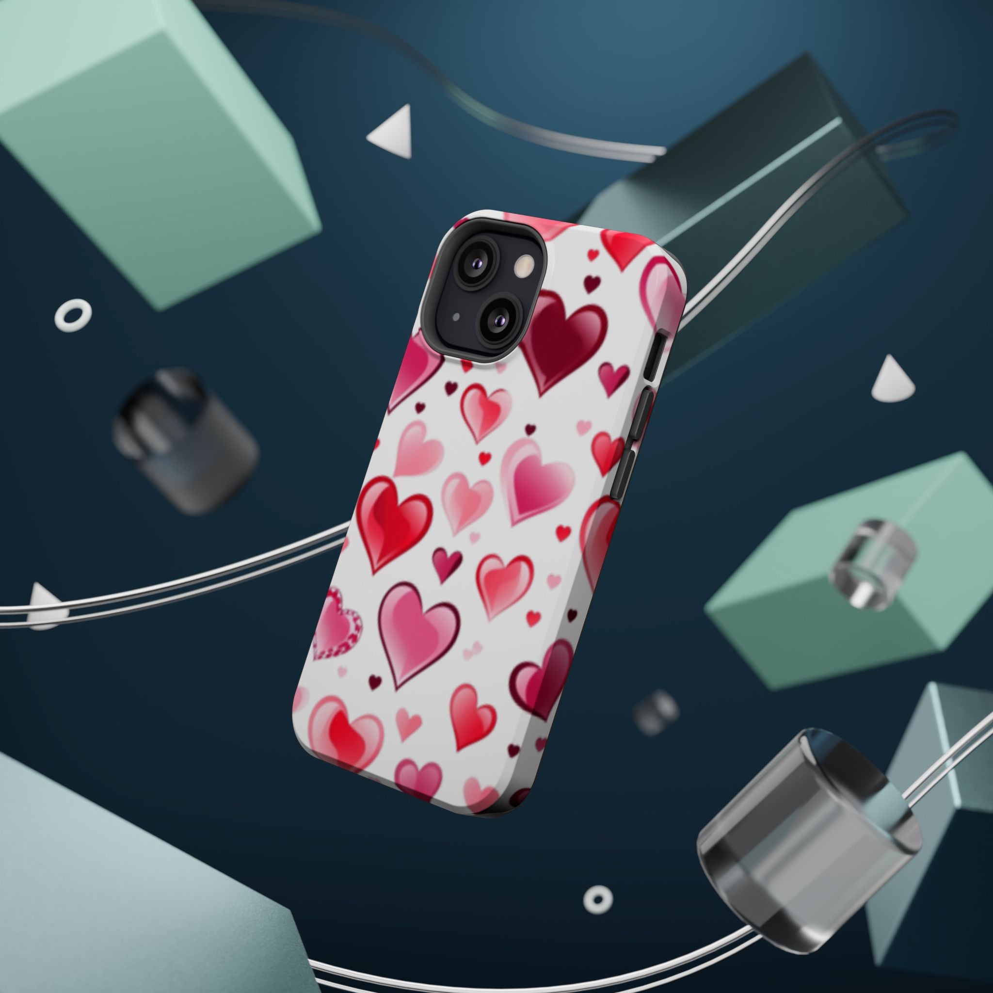 Heart Pattern Magnetic Impact Phone Case Fits iPhone 13-17— Pink & Red Valentine's Protective Cover