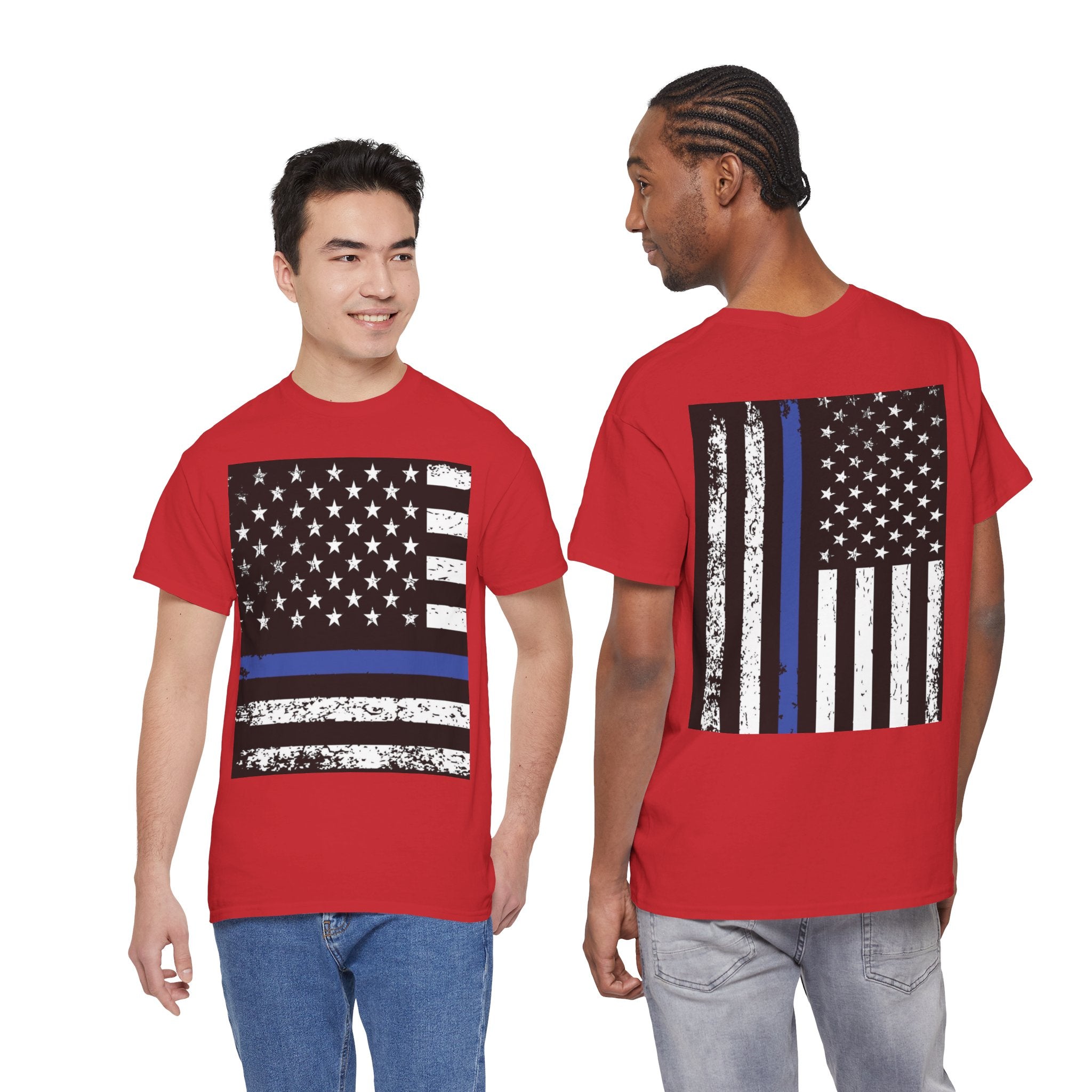 Thin Blue Line Flag T-Shirt — Police Support American Flag Tee Front & Back Imprint