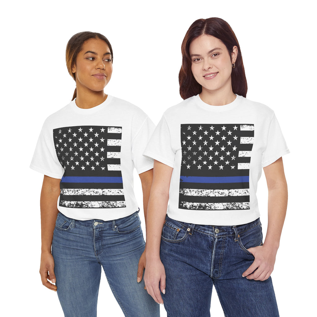 Thin Blue Line Flag T-Shirt — Police Support American Flag Tee Front & Back Imprint