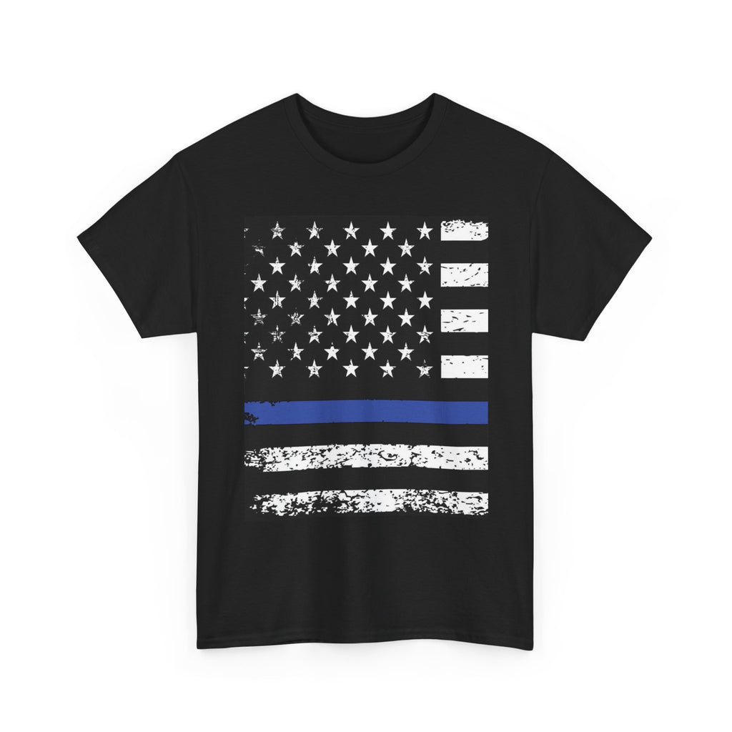 Thin Blue Line Flag T-Shirt — Police Support American Flag Tee Front & Back Imprint