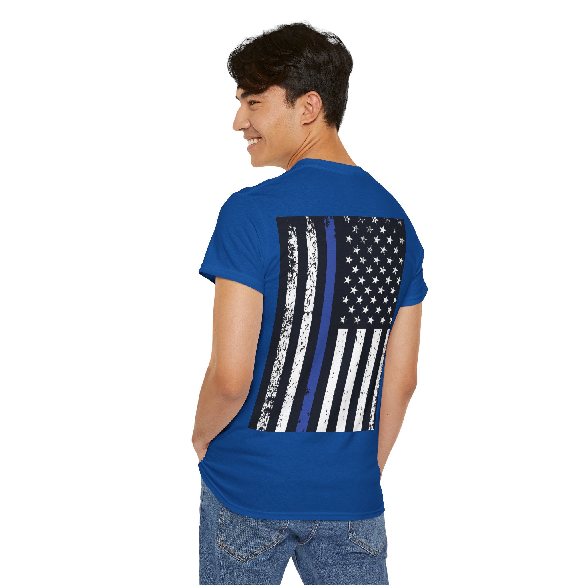 Thin Blue Line Flag T-Shirt — Police Support American Flag Tee Front & Back Imprint