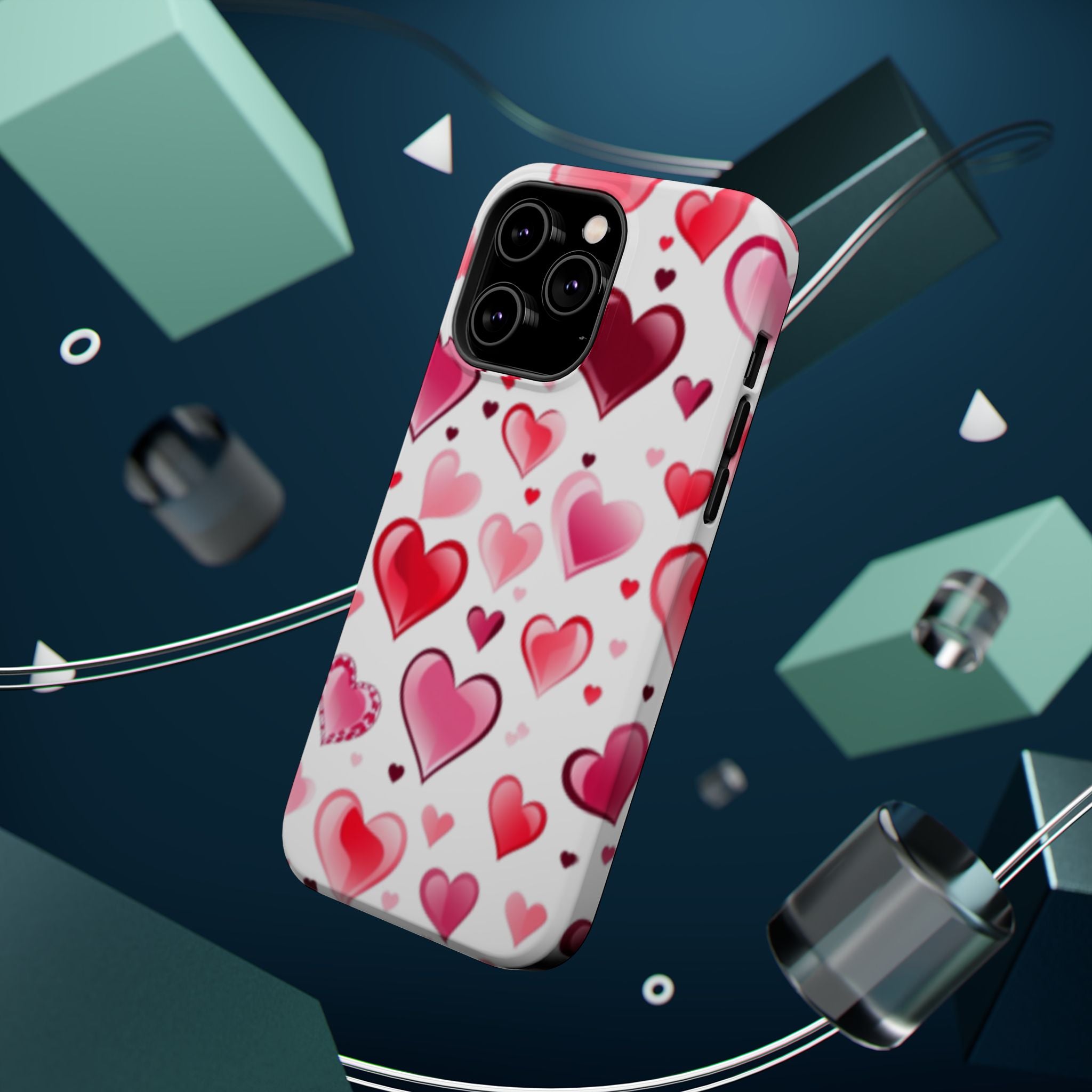 Heart Pattern Magnetic Impact Phone Case Fits iPhone 13-17— Pink & Red Valentine's Protective Cover