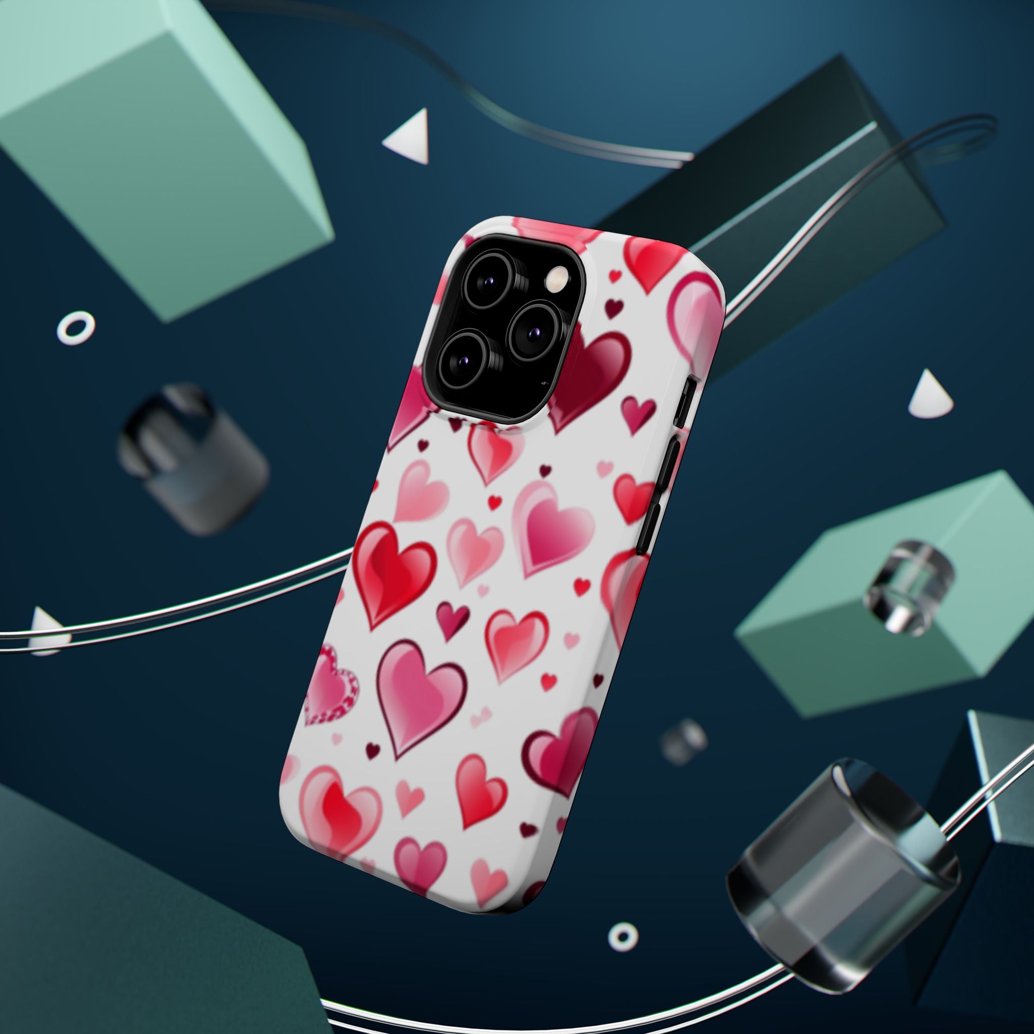 Heart Pattern Magnetic Impact Phone Case Fits iPhone 13-17— Pink & Red Valentine's Protective Cover