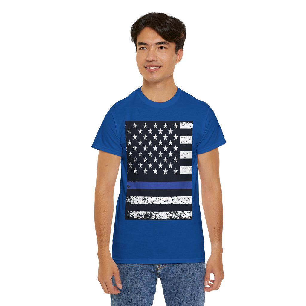 Thin Blue Line Flag T-Shirt — Police Support American Flag Tee Front & Back Imprint