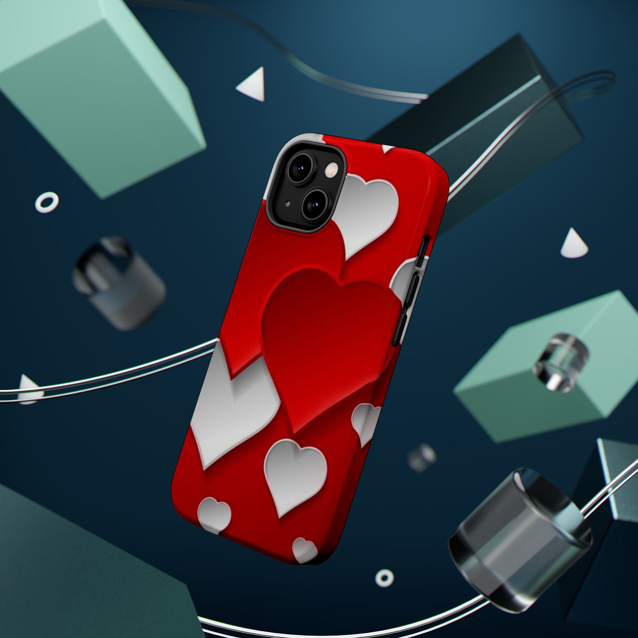 Shuffled Heart Pattern Magnetic Impact Phone Case Fits iPhone 13-17— Pink & Red Valentine's Protective Cover