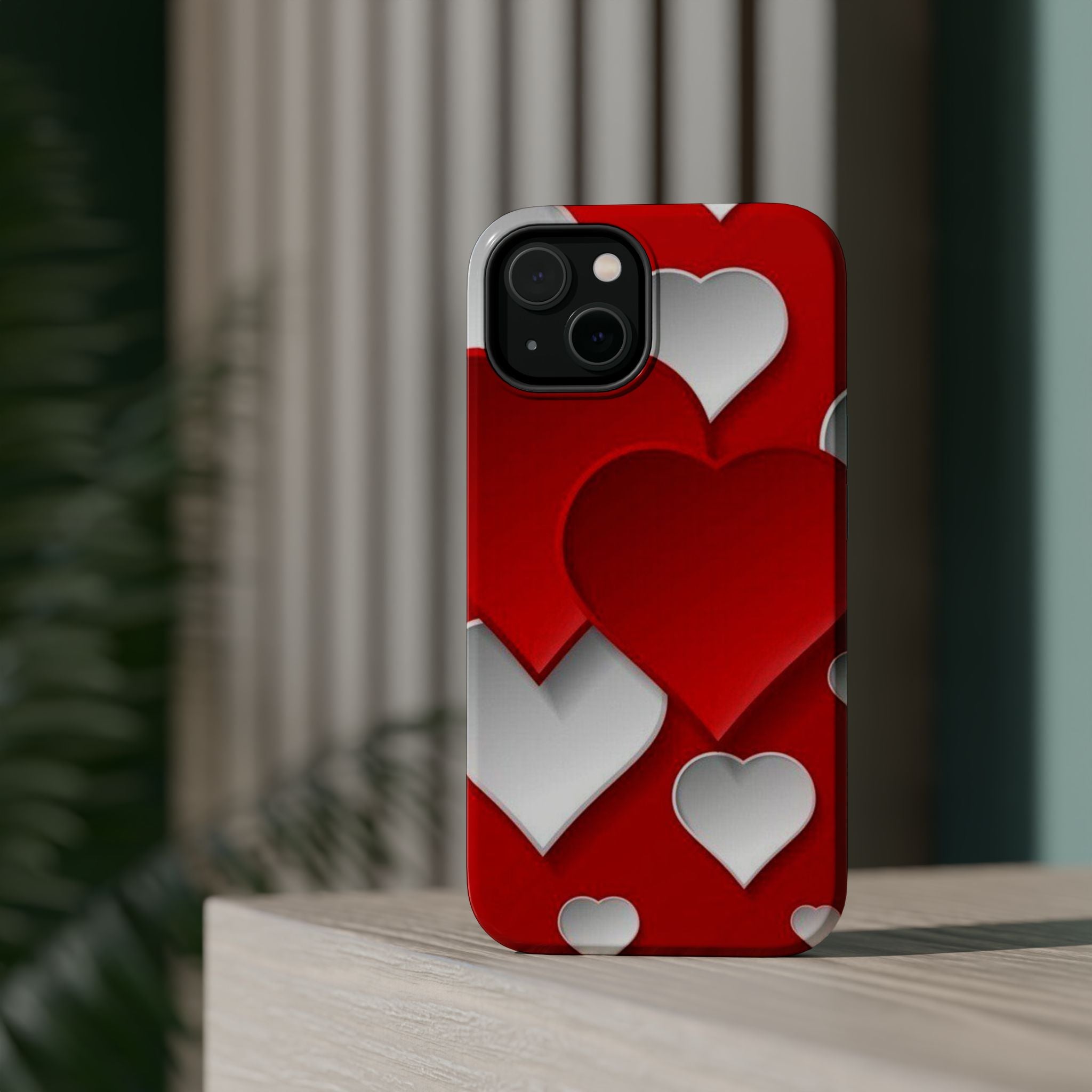 Shuffled Heart Pattern Magnetic Impact Phone Case Fits iPhone 13-17— Pink & Red Valentine's Protective Cover