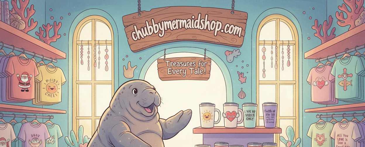 A whimsical manatee shopping in a whimsical store called  chubbymermaidshop.com, shopping and looking for holiday, fun, emotion, love, sarcasm and Christian faith t-shirts, mugs, travel mugs. Make sure manatee is spelled correctly and also make sure the manatee is not wearing a christmas hat